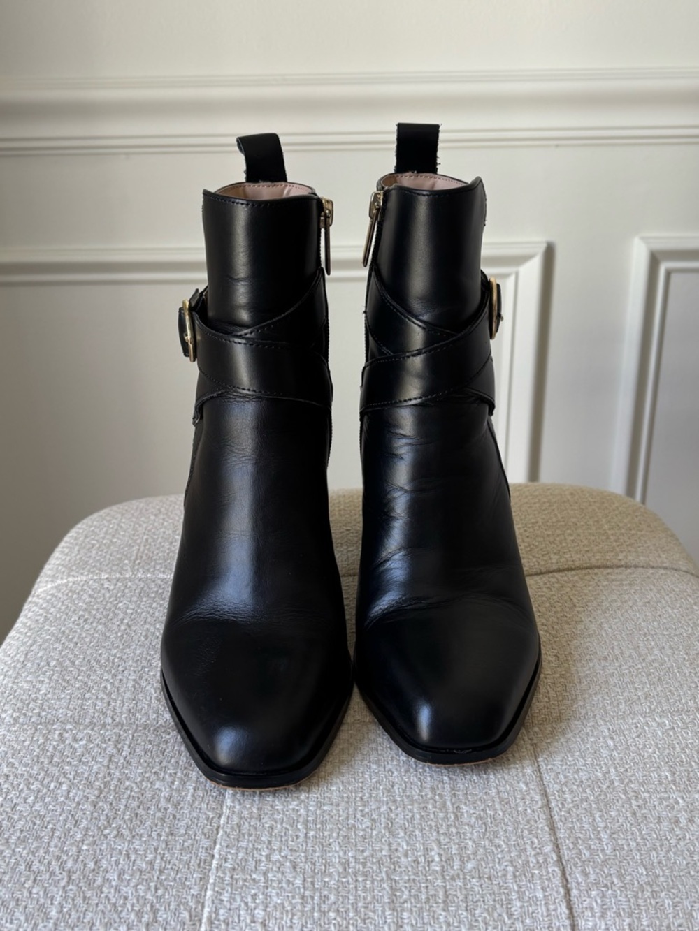 Saks Fifth Avenue Black Leather Ankle Boot with Gold Ring Strap - Picture 2 of 6